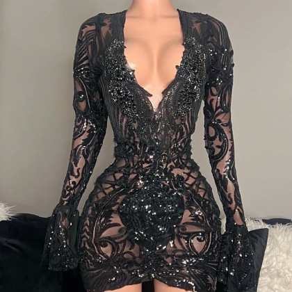 Sexy Little Black Prom Dresses Long Sleeves Sequin..