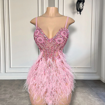 Cute Pink Diamond Crystals Short Prom Dresses 2023..