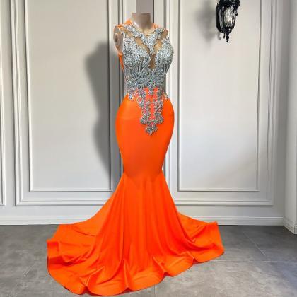 Long Orange Prom Dresses 2023 Sexy Mermaid Style..