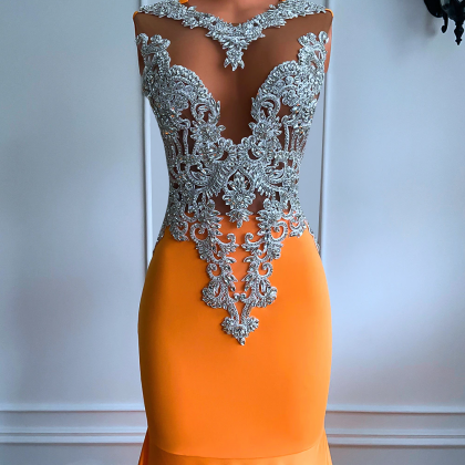 Long Orange Prom Dresses 2023 Sexy Mermaid Style..