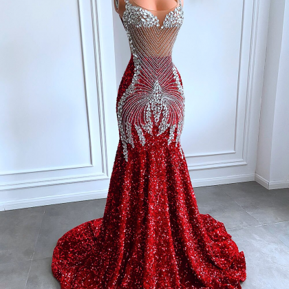 Long Red Prom Dresses 2023 Sparkly Luxury Silver..