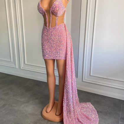 Sweetheart Sheer Mesh Sparkly Pink Sequined Prom..