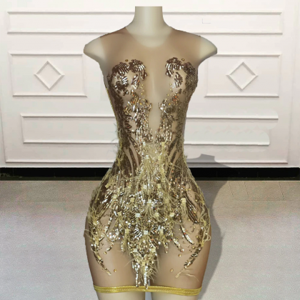 Women Sheer Gold Short Prom Dresses 2023 Sparkly..