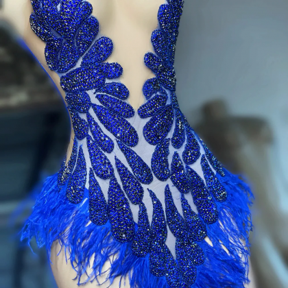 Glitter Beaded Feather Blue Short Prom Dresses..