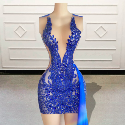 Luxury Blue Beaded Diamond Short Prom Dress 2023..