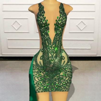Luxury Beaded Diamond Green Short Prom Dresses..