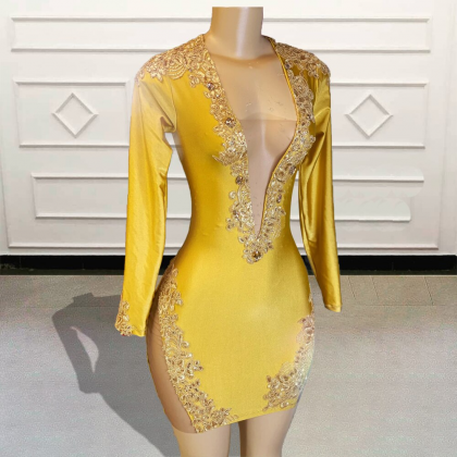 Sexy Gold Short Prom Dresses 2023 Lace Beaded Full..