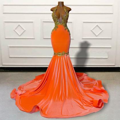 Gold Lace Orange Mermaid Long Prom Dresses 2023..