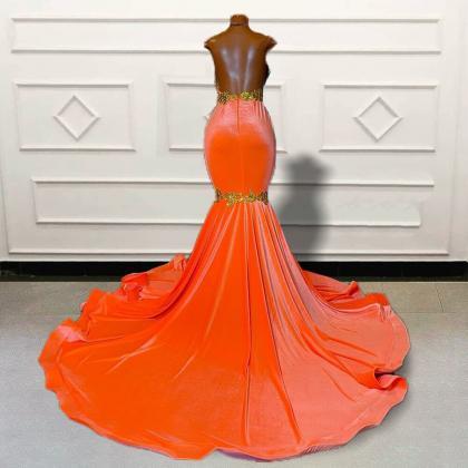 Gold Lace Orange Mermaid Long Prom Dresses 2023..