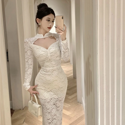 Sexy Lace Midi Dresses For Women Long Sleeve..