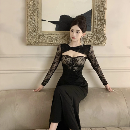 Sexy Lace Patchwork Long Dresses For Women Hollow..