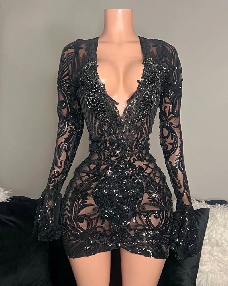 Sexy Little Black Prom Dresses Long Sleeves Sequin Fitted Birthday Party Gowns Beading Short Vestido on Luulla