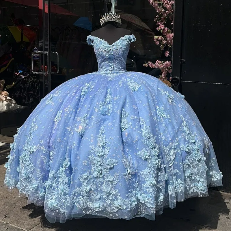 Light Blue Vestido De Xv Años Applique Quinceanera Dresses Off The Shoulder Sweet 15 Birthday Party Dress