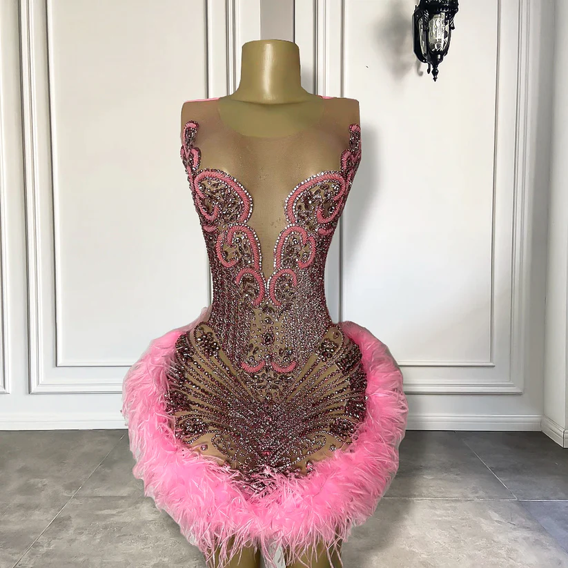 Real Sample Luxury Sheer Sexy See Through Birthday Party Gowns Sparkly Diamond Pink Feather Short Prom Dresses 2023