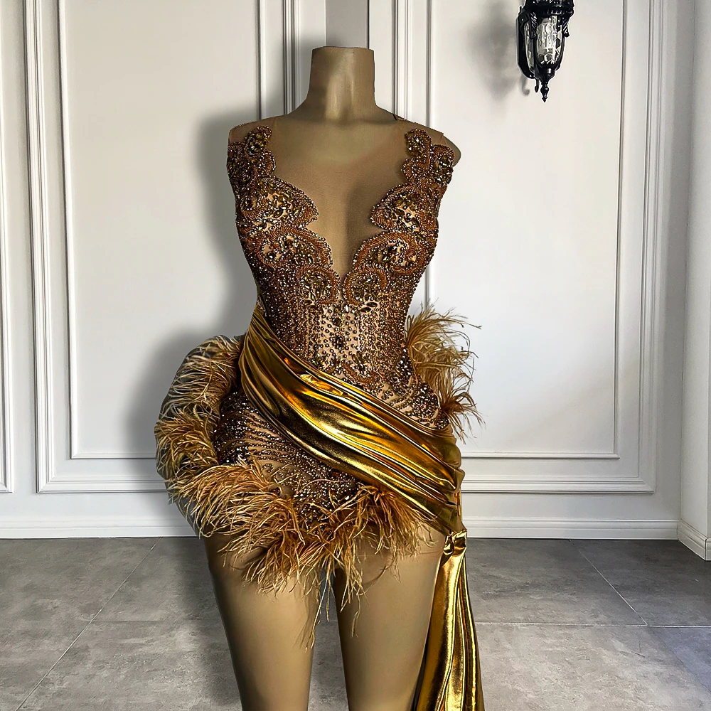 Luxury Gold Diamond Formal Occasion Cocktail Dresses Sheer Sexy See Through Feather Short Prom Dresses 2023 Birthday