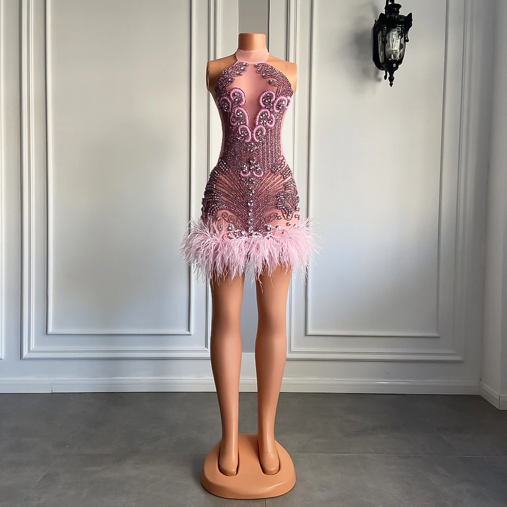 Luxury Pink Diamond Women Birthday Dress Sexy See Through Feather Formal Occasion Cocktail Short Prom Dresses 2023
