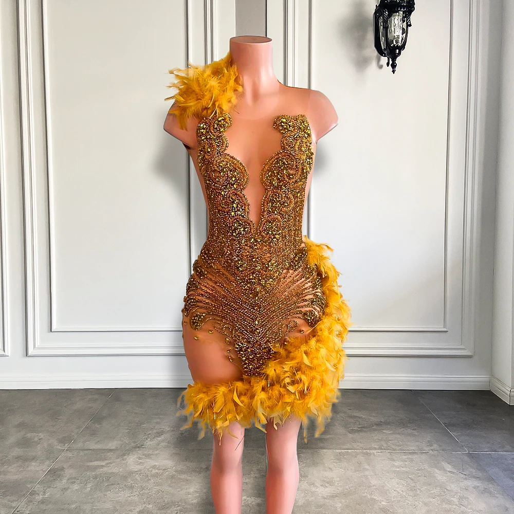 Sexy See Through Sheer Mesh Birthday Party Formal Gowns Sparkly Luxury Gold Diamond Feather Short Prom Dresses 2023