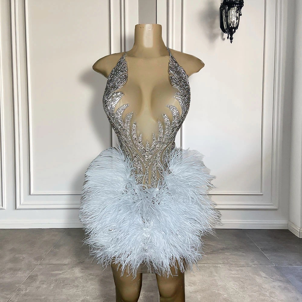 Luxury Silver Diamond Short Prom Dresses 2023 Sexy See Through White Feather Women Mini Formal Birthday Party Gowns