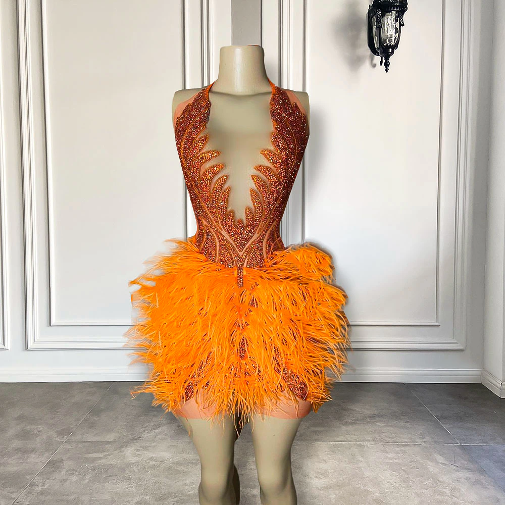 Sexy See Through Luxury Orange Diamond Women Formal Birthday Party Gowns Feather Mini Short Prom Dresses 2023