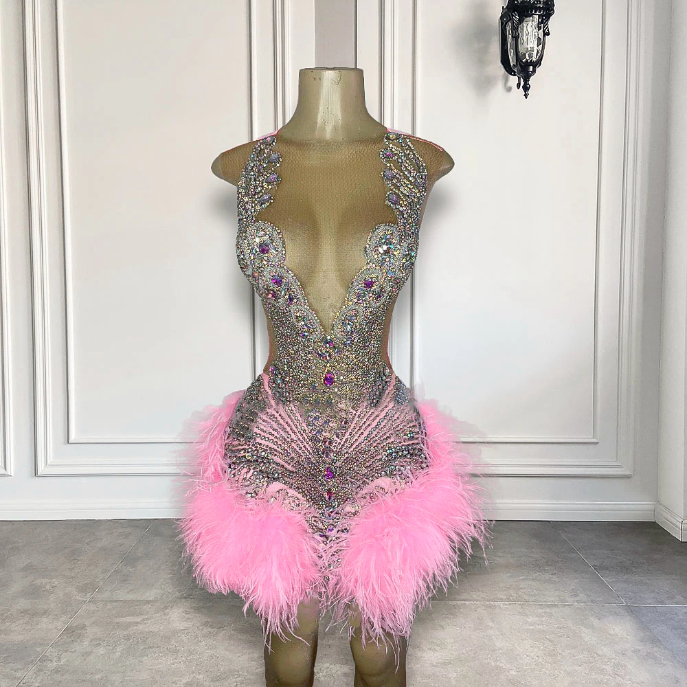 Luxury Sexy See Through Women Birthday Party Formal Gowns Sparkly Crystals Diamond Feather Short Prom Dresses 2023