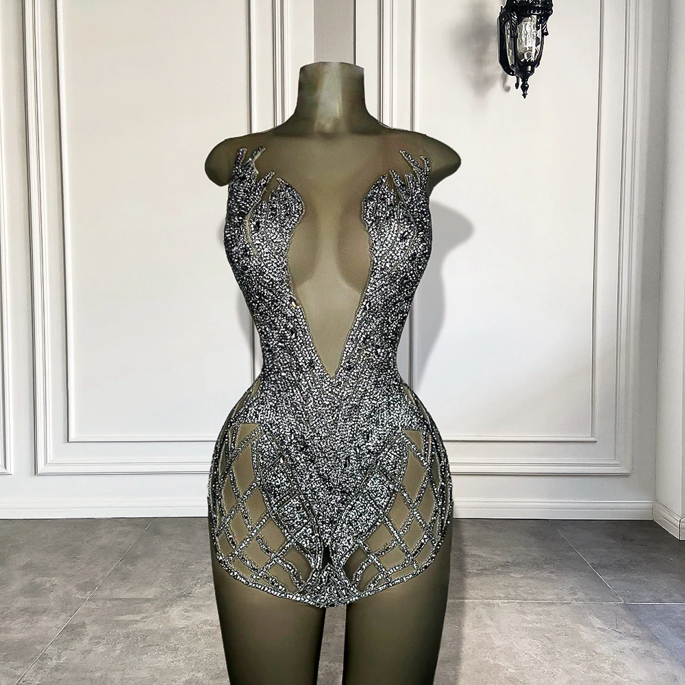 Luxury Sparkly Silver Diamond Women Formal Occasion Birthday Party Gowns Sexy See Through Short Prom Dresses