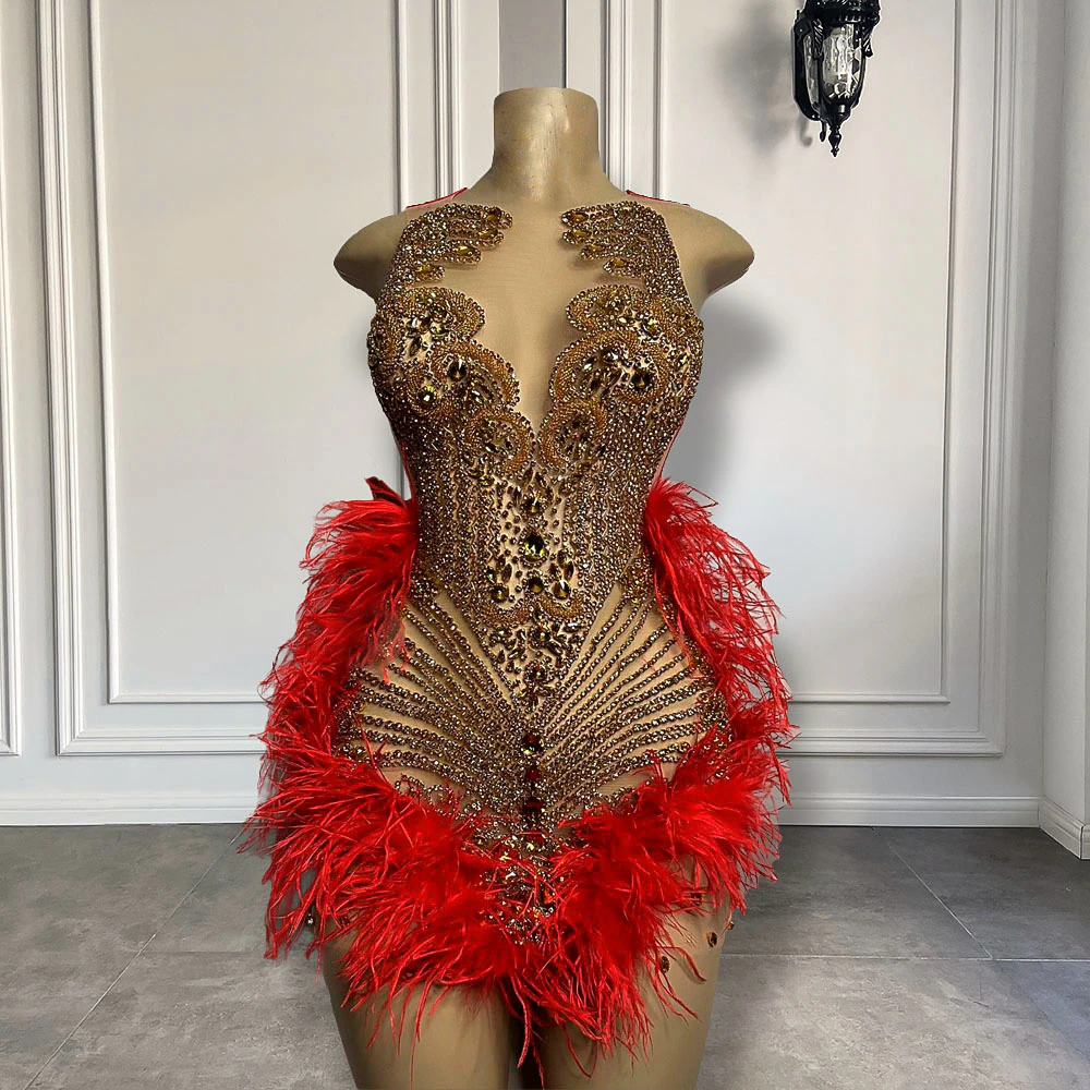 Sparkly Luxury Gold Diamond Women Birthday Party Formal Gowns Sexy See Through Red Feather Short Prom Dresses 2023