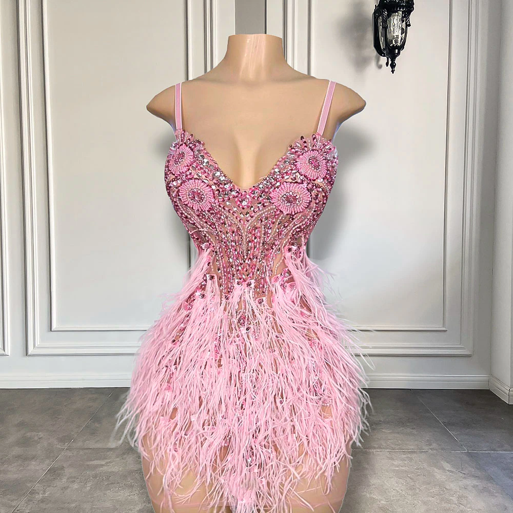 Cute Pink Diamond Crystals Short Prom Dresses 2023 Feather Mini Style Women Formal Birthday Party Gowns