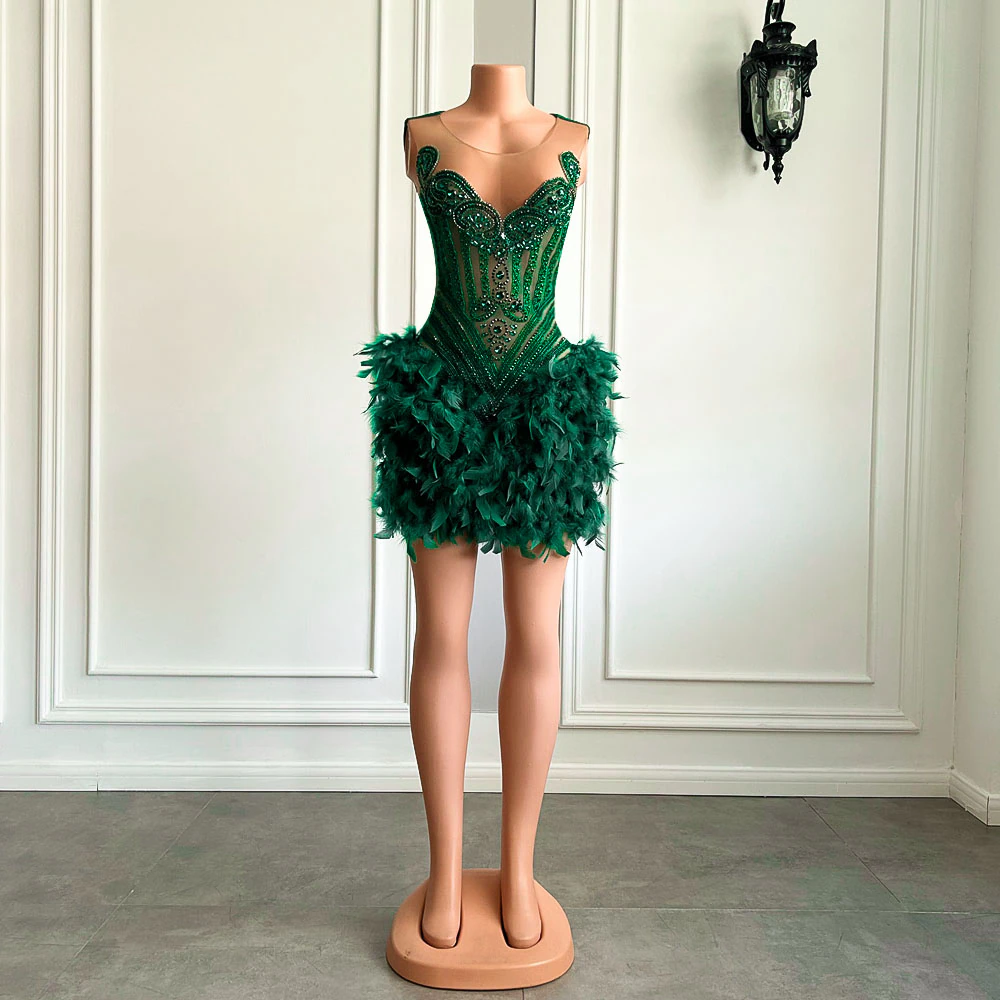 Real Luxury Formal Occasion Birthday Party Dresses Emerald Green Feather Women Short Prom Dress 2023