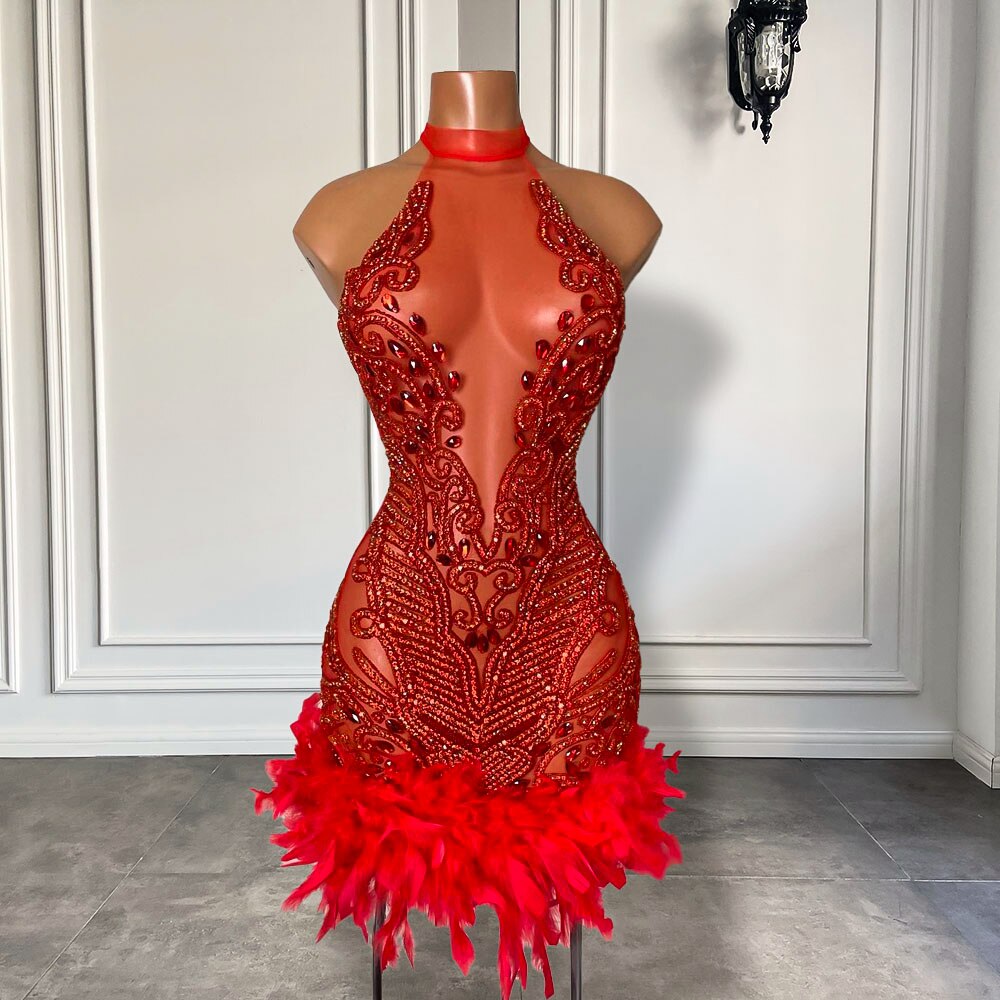 Sexy See Through Halter Luxury Beaded Diamond Women Birthday Party Gowns Red Feather Short Mini Prom Dresses 2023