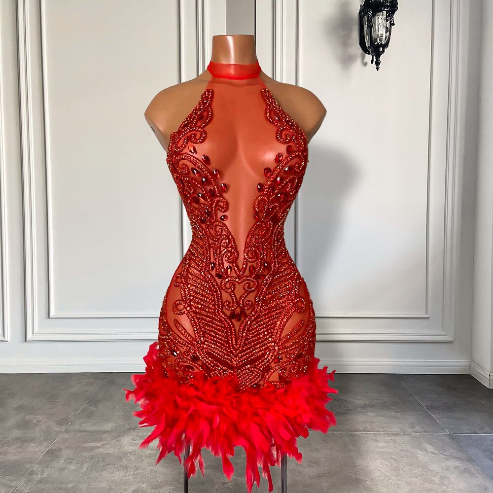 Sexy See Through Halter Luxury Beaded Diamond Women Birthday Party Gowns  Red Feather Short Mini Prom on Luulla