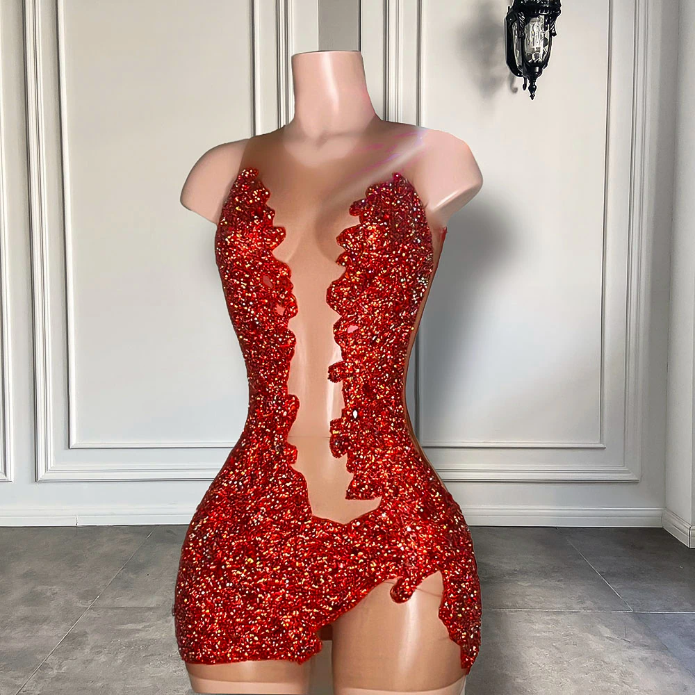 Sheer Sexy See Through Women Birthday Party Formal Gowns Mini Design Red Sparkly Diamond Short Prom Dresses 2023