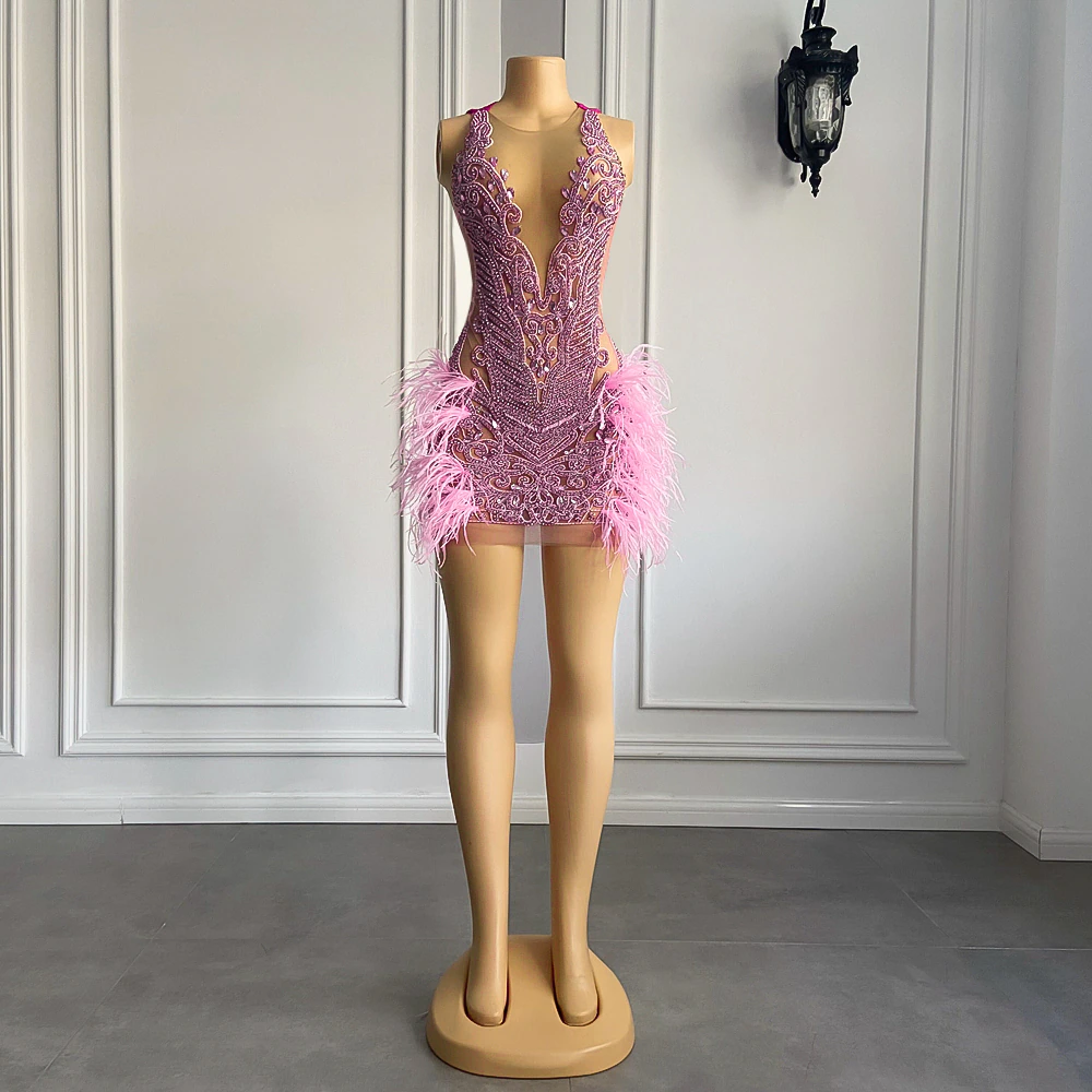 Sexy See Through Women Cocktail Gowns Pink Party Rhinestone Feather Short Prom Dresses 2023 For Birthday