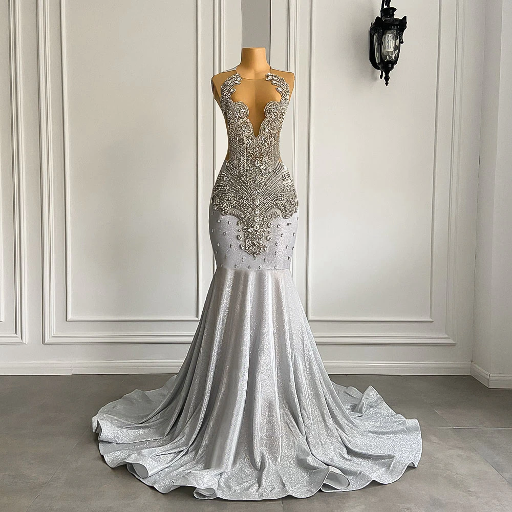 Women Silver Long Mermaid Prom Dresses 2023 Sexy Sheer Mesh Luxury Sparkly Handmade Diamond Prom Formal Gala Gowns
