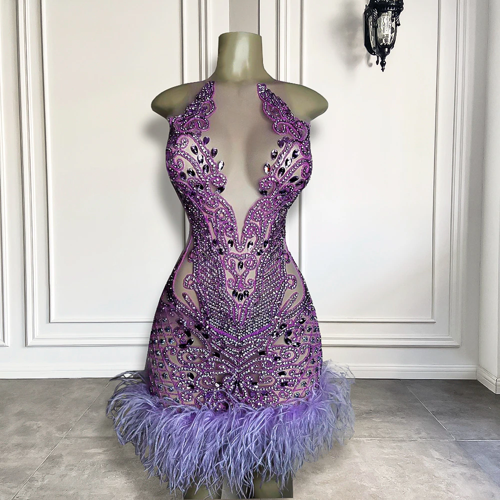 Luxury Sparkly Purple Diamond Women Birthday Party Gowns Feather Mini Short Prom Dresses 2023