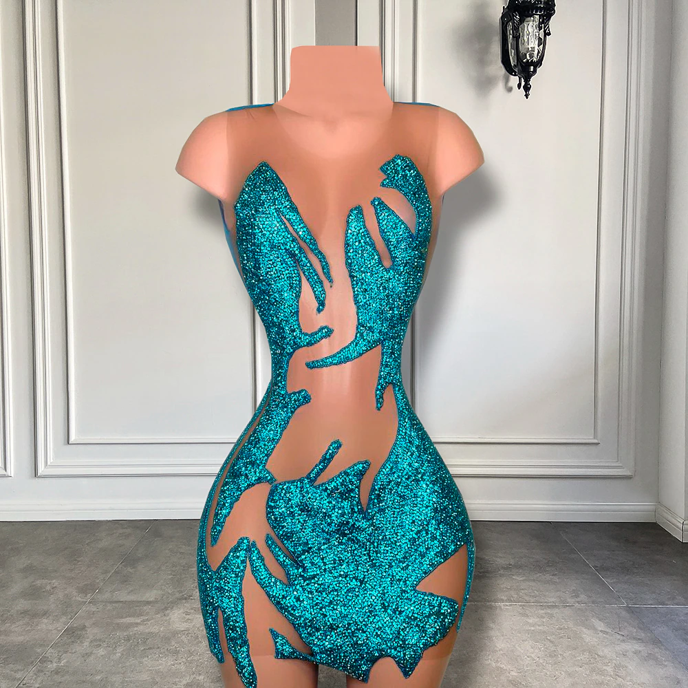Sexy Sheer See Through Women Cocktail Birthday Party Gowns Blue Crystals Short Prom Dresses 2023