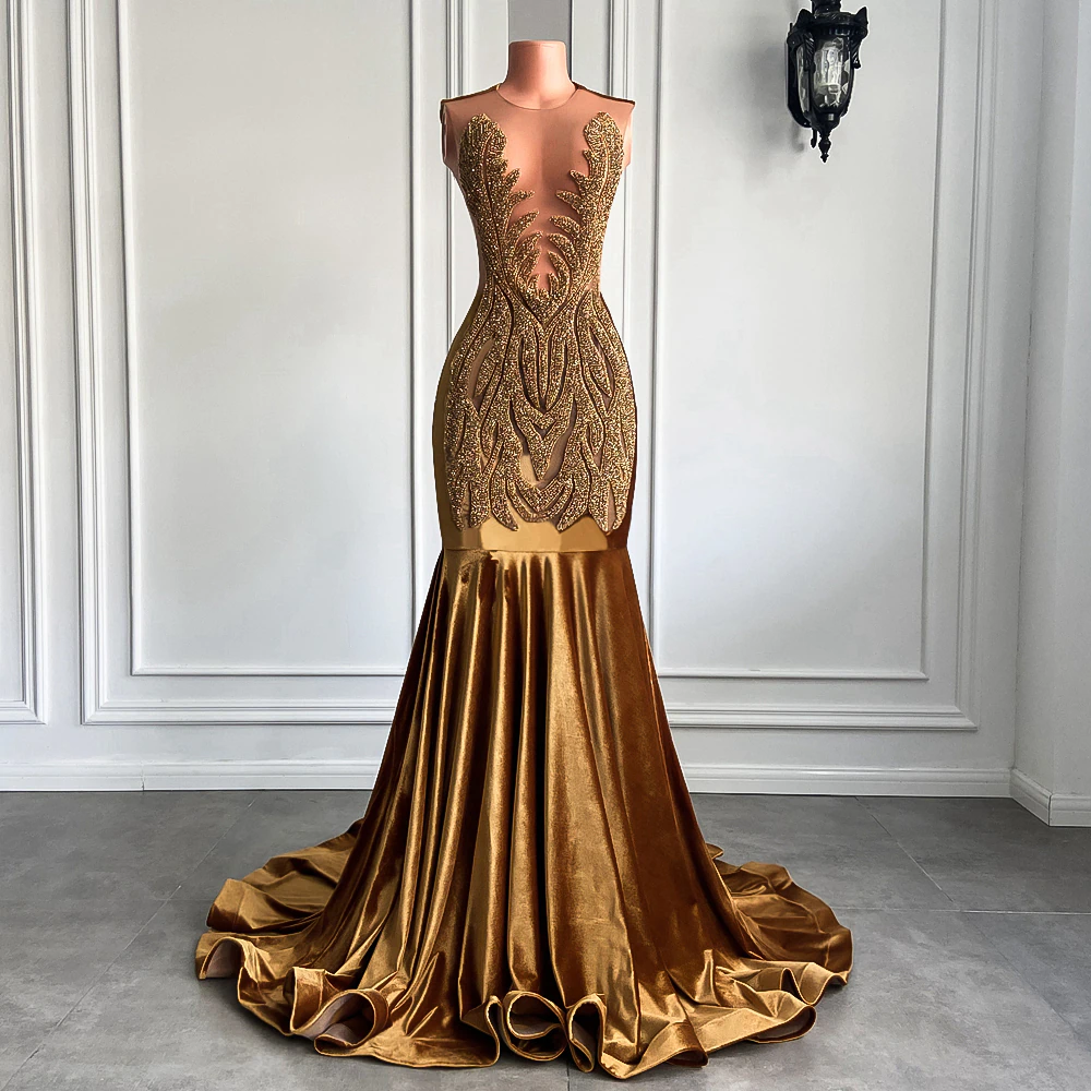 Long Gold Prom Dresses 2023 Real Picture Sheer Top Luxury Sparkly Diamond Velvet Mermaid Prom Party Gala Gowns