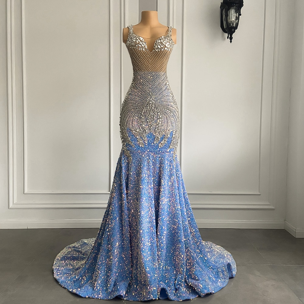 Luxury Long Prom Dresses 2023 Sparkly Mermaid Style Silver Crystals Light Blue Prom Party Gowns