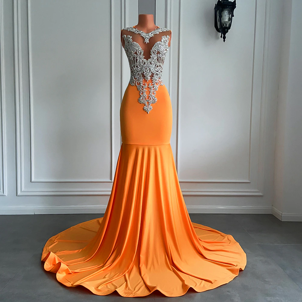Long Orange Prom Dresses 2023 Sexy Mermaid Style Fitted Silver Beaded Embroidery Orange Spandex Prom Formal Gowns