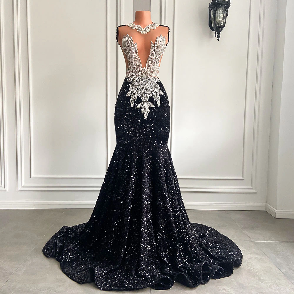 Long Black Prom Dresses 2023 Sexy Mermaid Style Luxury Sparkly Beaded Diamond Sequined Prom Gala Formal Gowns