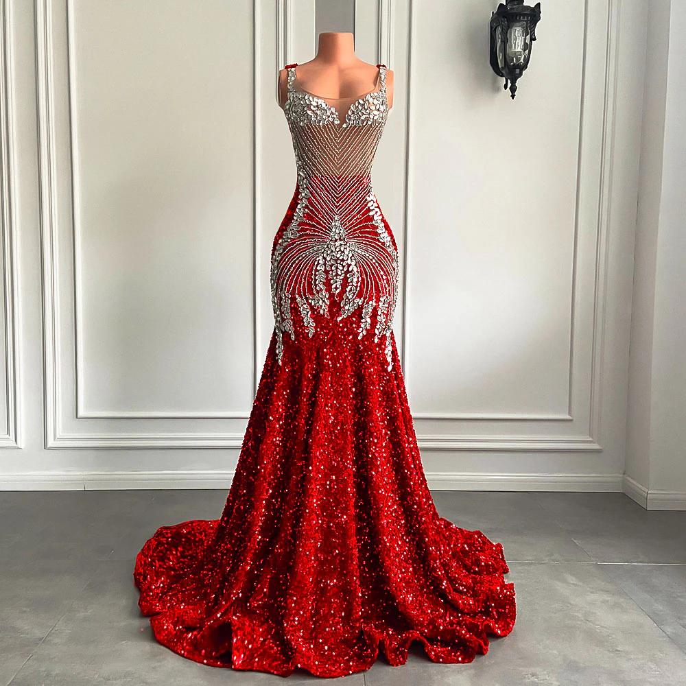 Long Red Prom Dresses 2023 Sparkly Luxury Silver Diamond Crystals Mermaid Style Fitted Sheer Mesh Prom Gala Gowns
