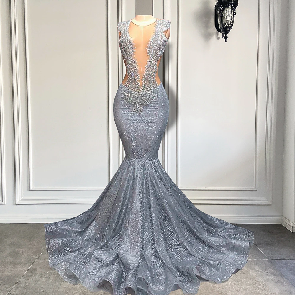 Long Glitter Prom Dresses 2023 Mermaid Style Sexy Sheer Top Luxury Sparkly Beaded Silver Formal Prom Gala Gowns