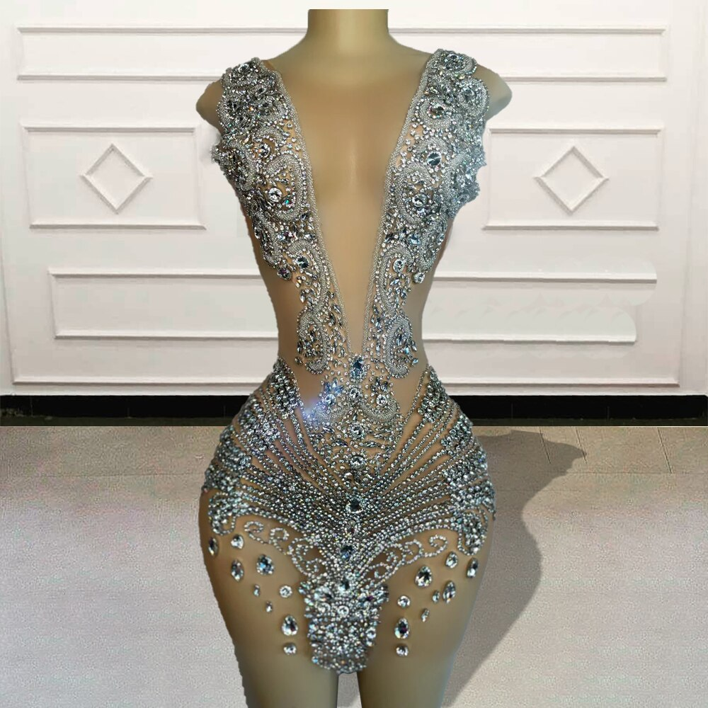 Sparkly Sequin Women Short Prom Dresses 2023 Sexy Silver Beaded Diamond Sheer Mini Cocktail Gowns For Birthday Party