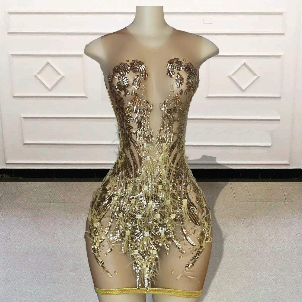 Women Sheer Gold Short Prom Dresses 2023 Sparkly Sequin Feathers Mini Cocktail Gowns For Birthday Party Custom Made