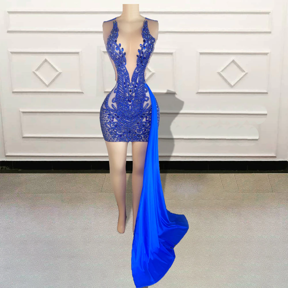 Luxury Blue Beaded Diamond Short Prom Dress 2023 For Birthday Party Sexy Women Sheer Mini Cocktail Gowns Custom Made