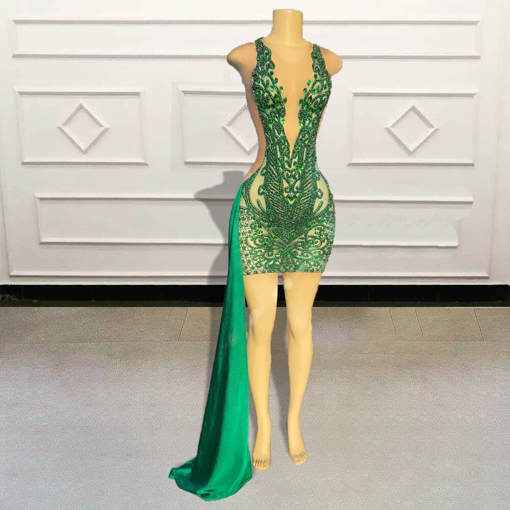 Luxury Beaded Diamond Green Short Prom Dresses 2023 For Birthday Party Sexy See Through Women Mini Cocktail Gowns