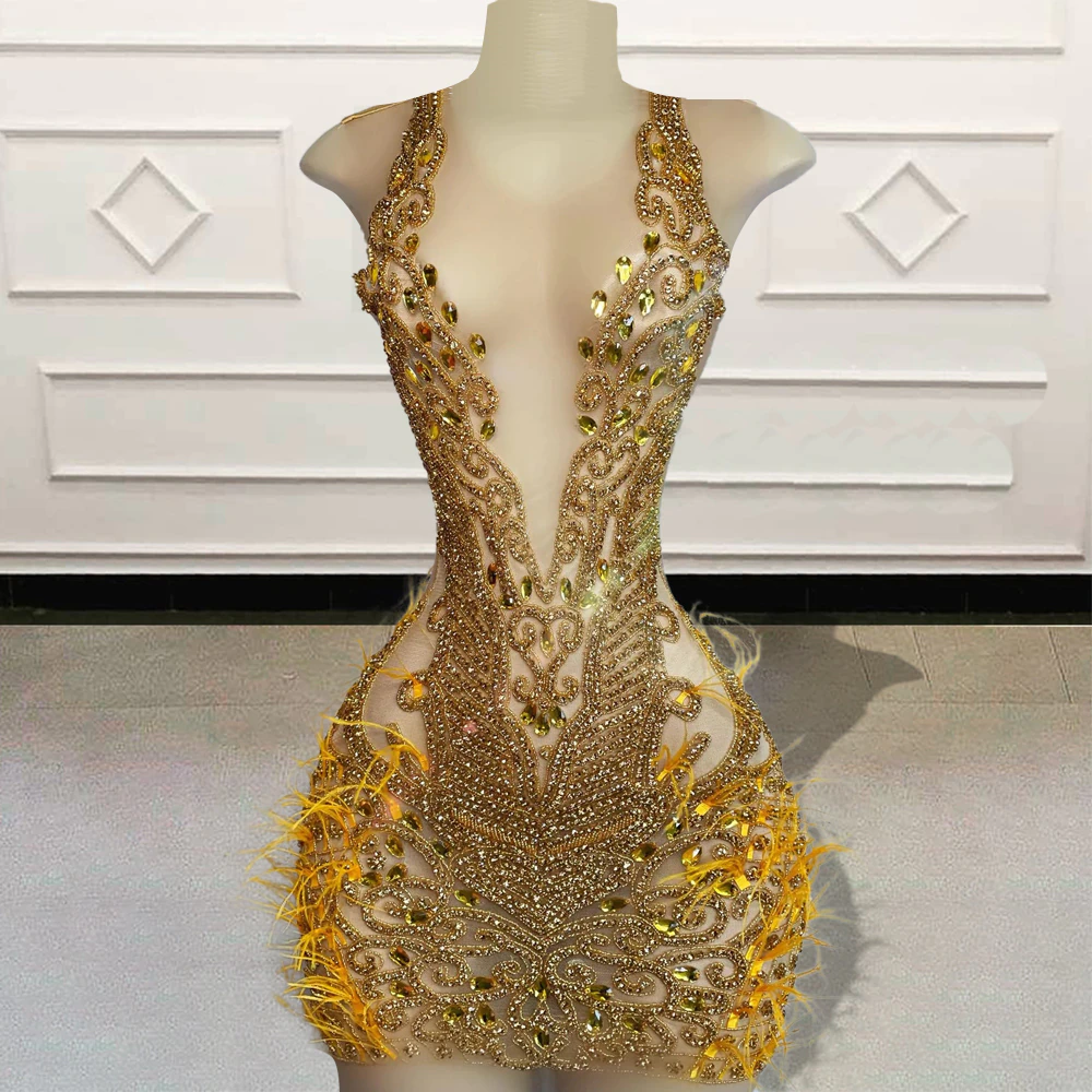 Glitter Beaded Diamond Women Gold Short Prom Dresses 2023 For Birthday Party Sexy See Through Mini Cocktail Gowns