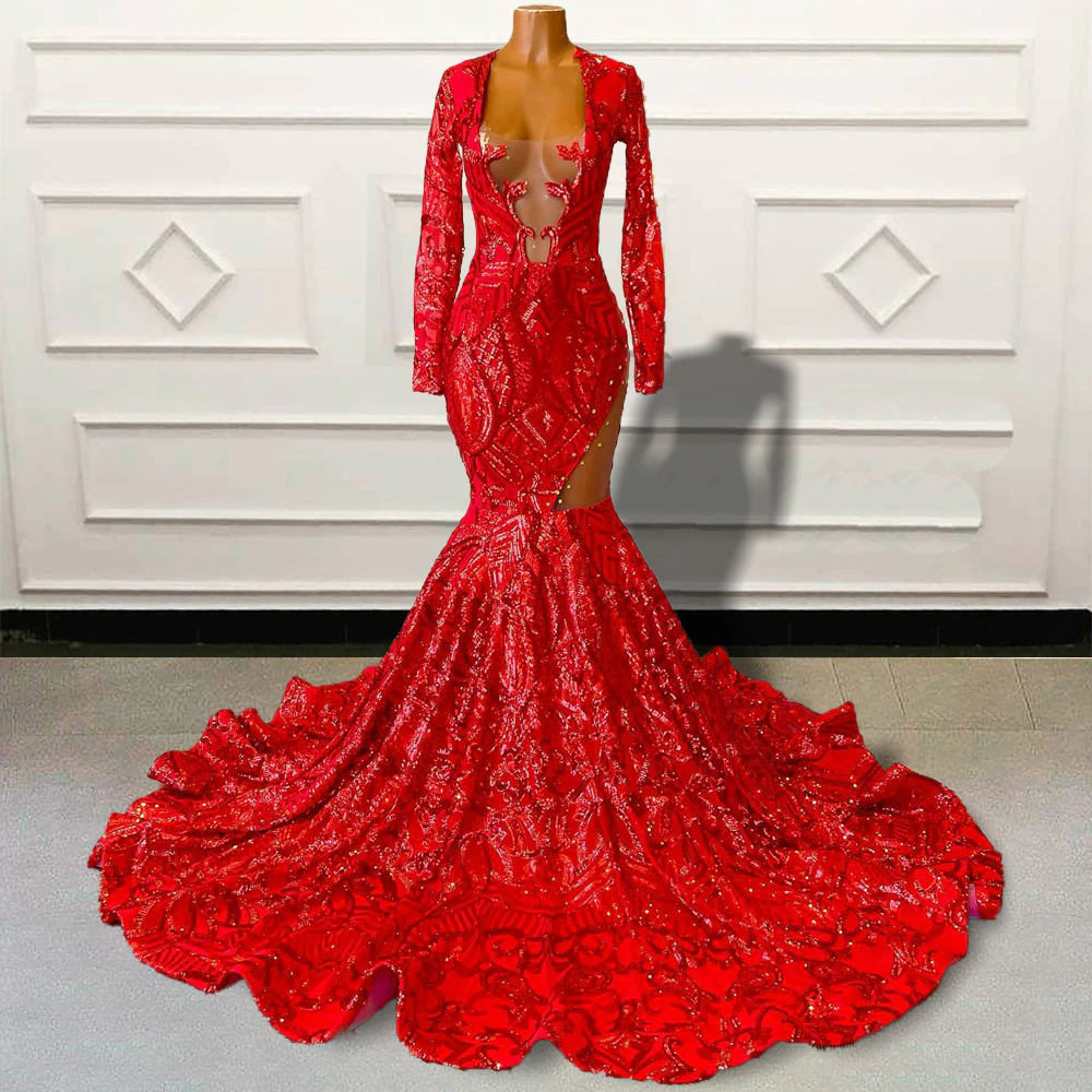 Sparkly Sequin Red Mermaid Long Prom Dresses 2023 For Graduation Party Full Sleeves Custom Occasion Evening Gown