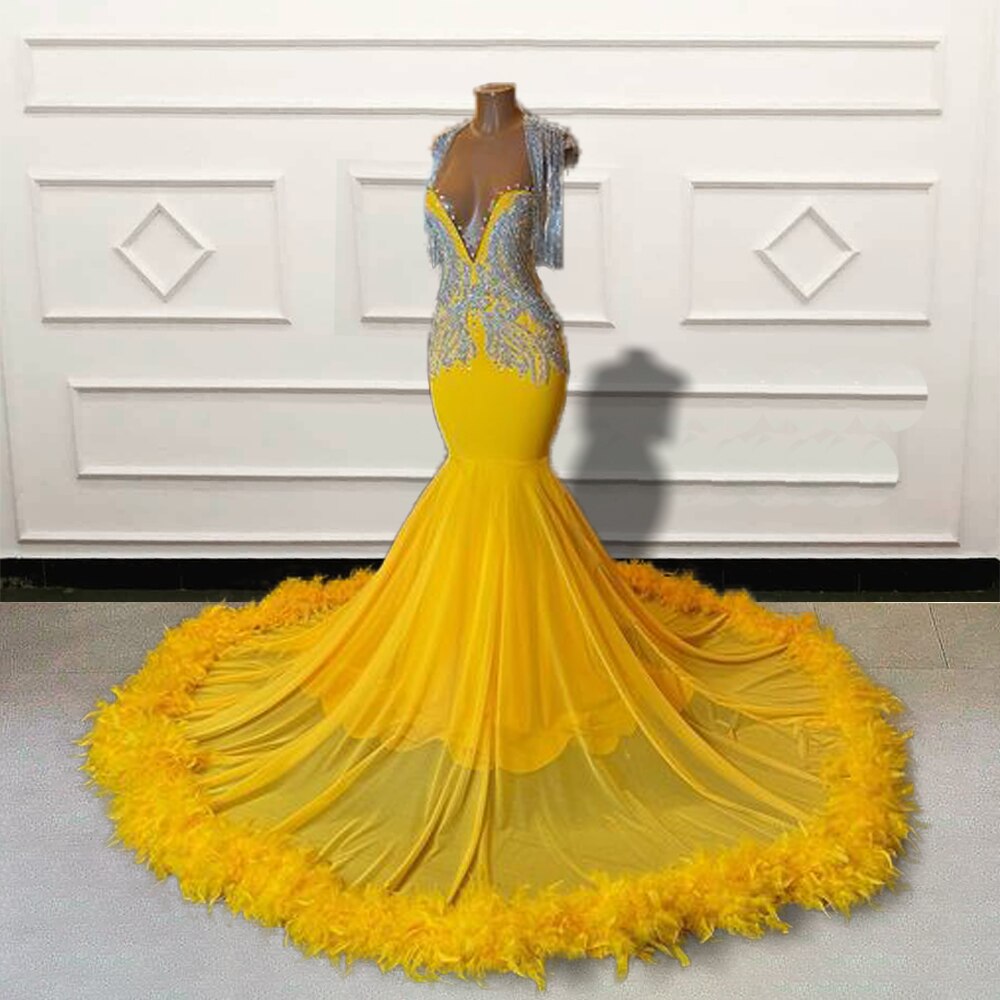 Black Girls Beaded Feathers Mermaid Long Prom Dresses 2023 For Graduation Party Luxury Yellow Women Custom Formal Evening Gown