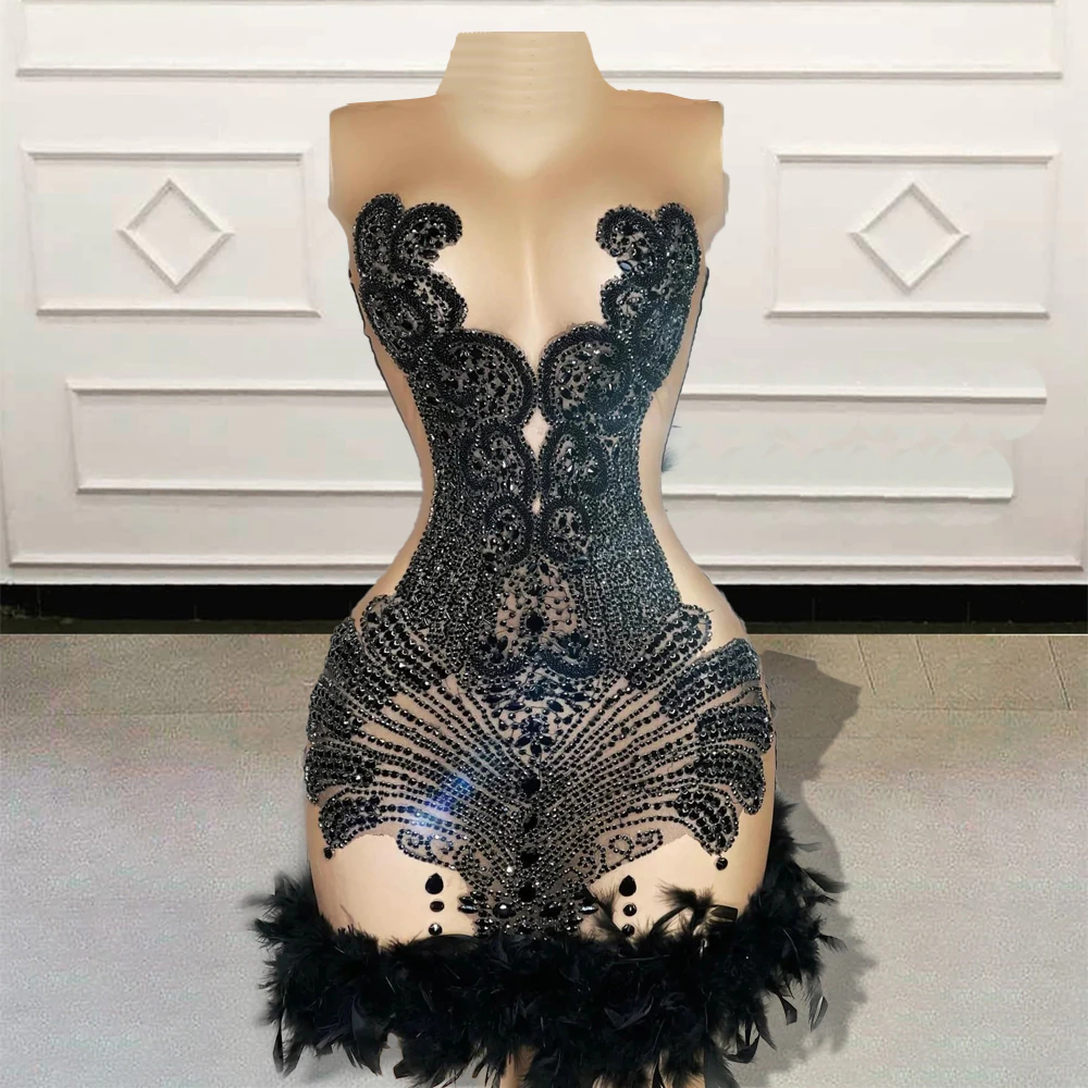 Sexy See Through Short Prom Dress 2023 Luxury Beads Diamond Feathers Women Mini Cocktail Gowns For Birthday Party