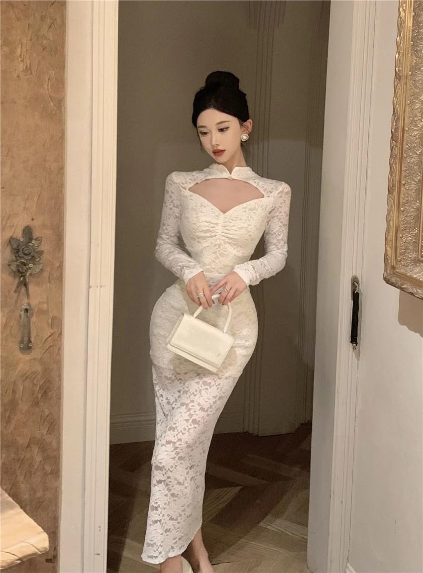 Sexy Lace Midi Dresses For Women Long Sleeve Hollow Out Wrapped Hip Bodycon Chinese Style Vintage Solid Evening Party Vestidos